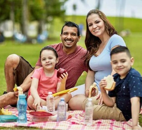 family of four having a picnic