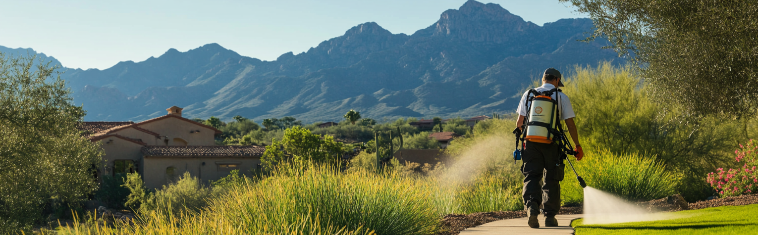 A Rigo Pest technicians spraying mild herbicides in a gated community around Tucson AZ