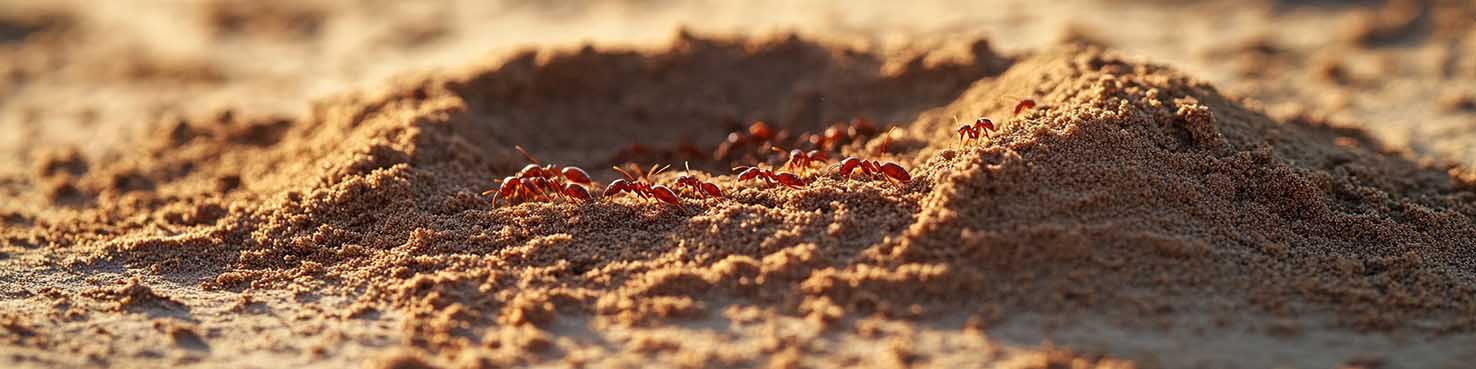 fire ants on mound in sandy soil 1476x369