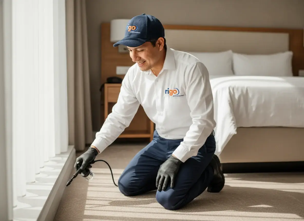 Rigo Pest Prevention technician kneeling in hotel room applying pest treatment along baseboard with handheld sprayer