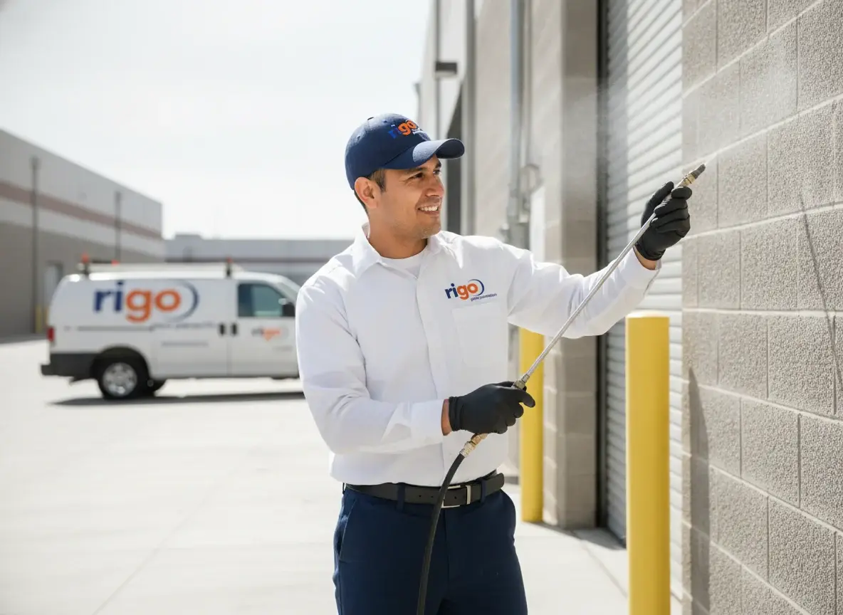 Rigo technician spraying exterior cinderblock wall with wand beside company van