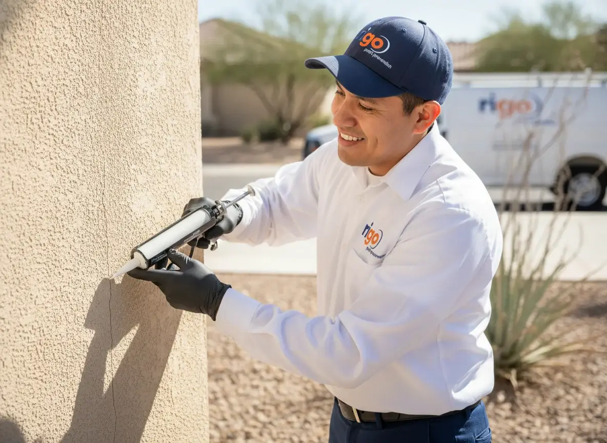 Technician in uniform sealing a crack in an exterior wall with a caulking gun, Rigo Pest Prevention van visible behind