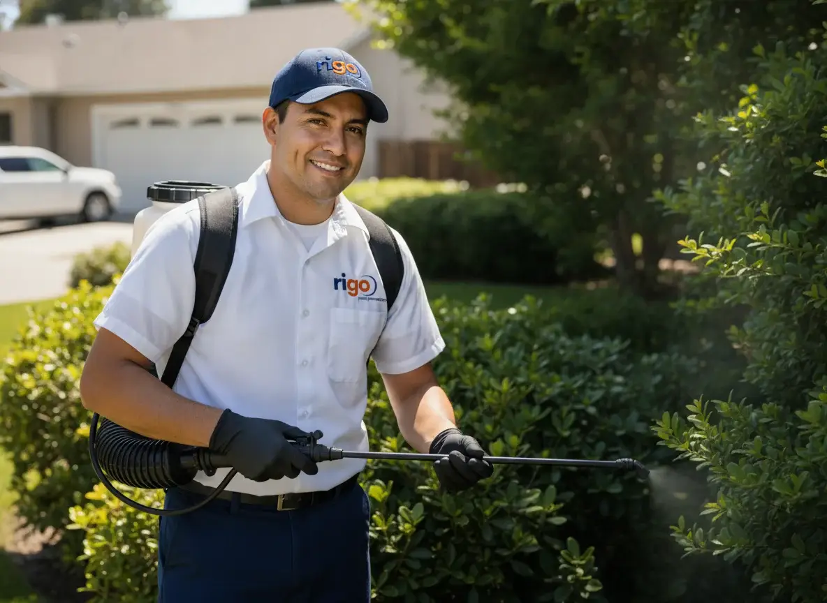 Rigo technician wearing uniform and cap spraying shrubs with a backpack sprayer