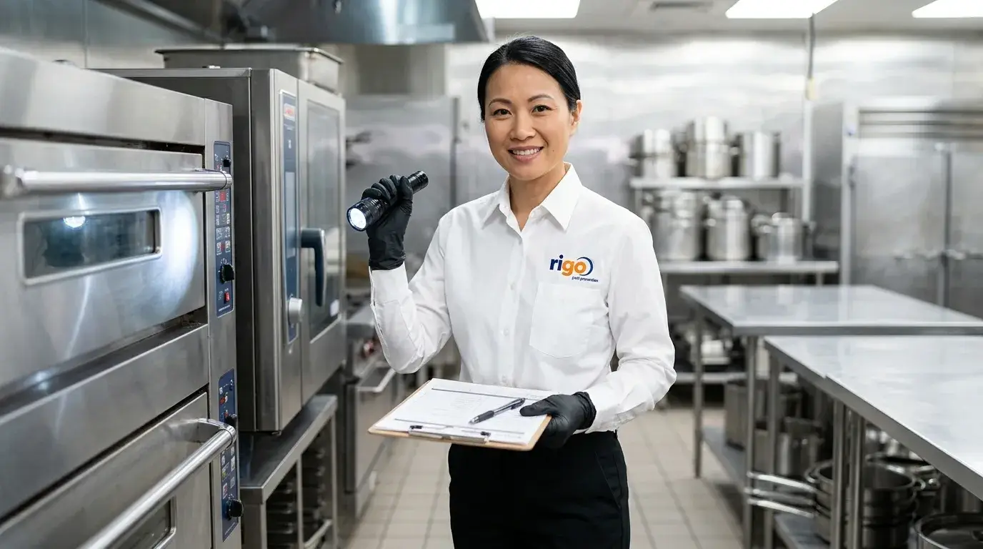 Technician in white Rigo uniform holding flashlight and clipboard inspecting a stainless-steel commercial kitchen