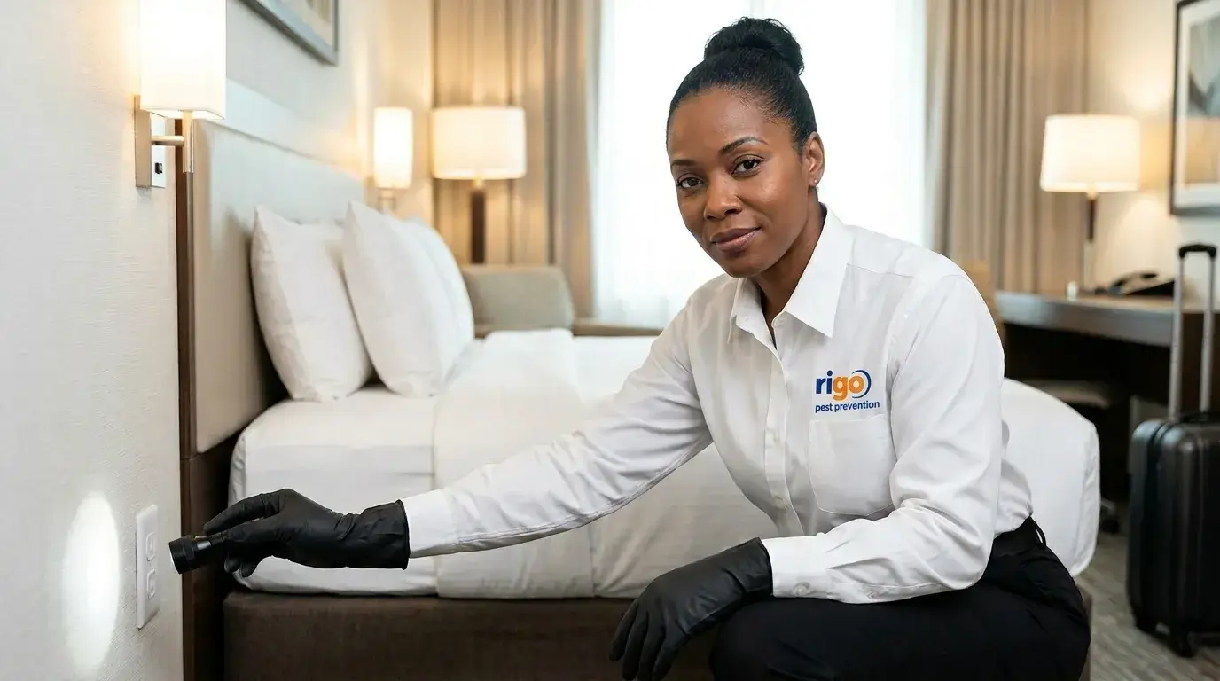 Technician in branded Rigo Pest Prevention shirt kneeling in hotel room using flashlight to inspect a wall outlet