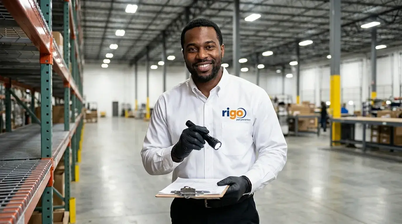 Technician in white Rigo Pest Prevention shirt holding a flashlight and clipboard in a large warehouse