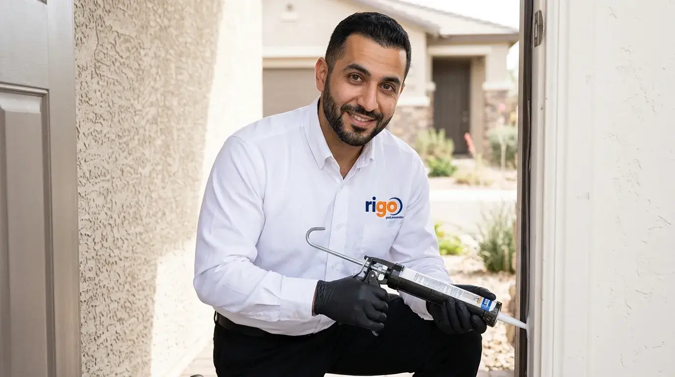 Technician in a white Rigo shirt applying sealant with a caulking gun to a home's exterior door frame