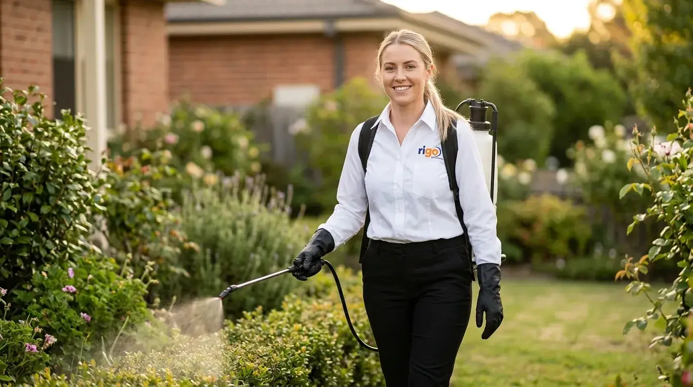 Rigo pest technician in uniform spraying plants with a backpack sprayer along a home's garden path